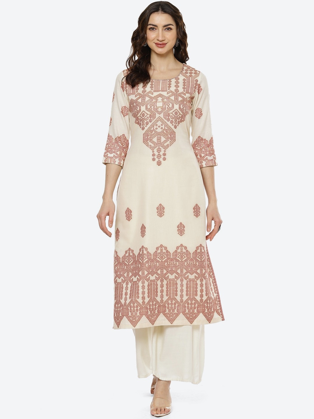 

Biba Women Off White Ethnic Motifs Printed Mirror Work Jacquard Anarkali Kurta