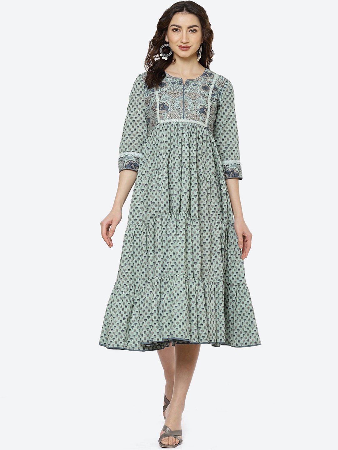 

Biba Green & Blue Ethnic Motifs Printed Cotton Midi Dress