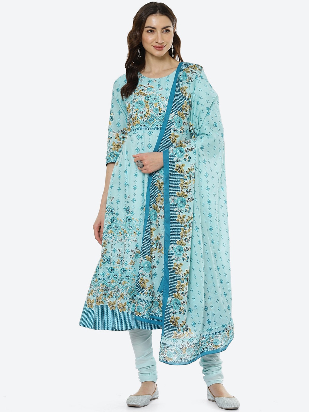 

Biba Women Blue Floral Printed Pure Cotton Kurta Churidar Set With Dupatta
