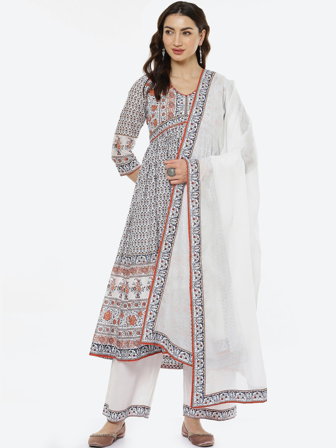 

Biba Women White & Black Floral Printed Angrakha Kurta with Trousers & Dupatta