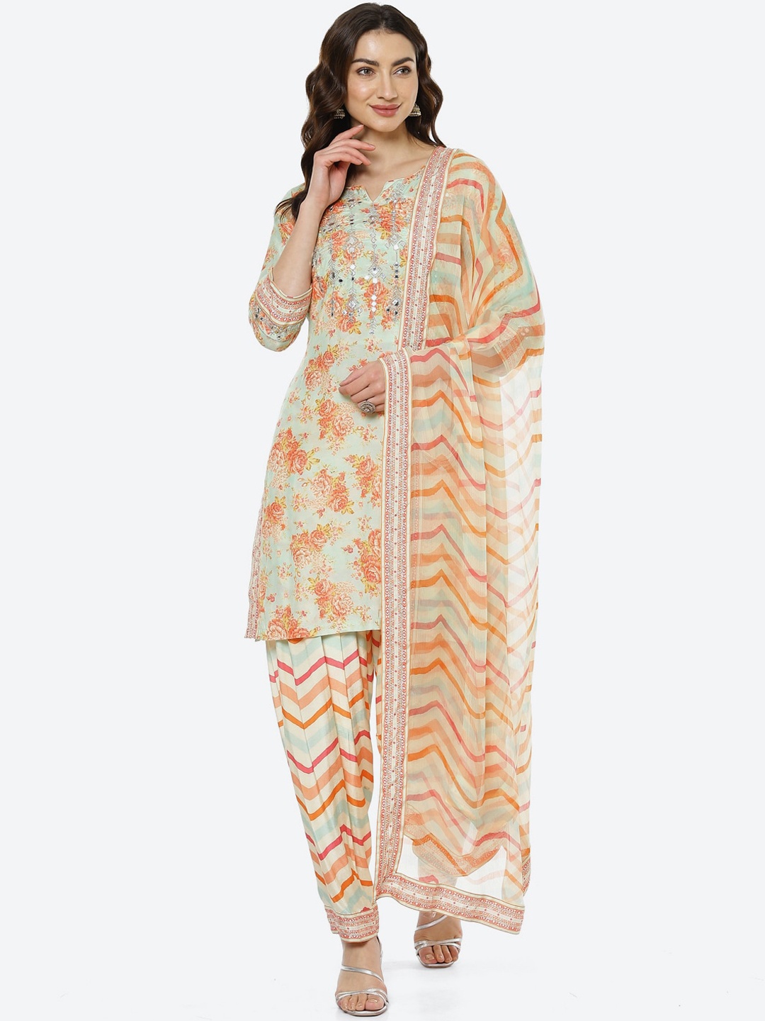

Biba Women Sea Green Floral Printed Kurti With Salwar & With Dupatta