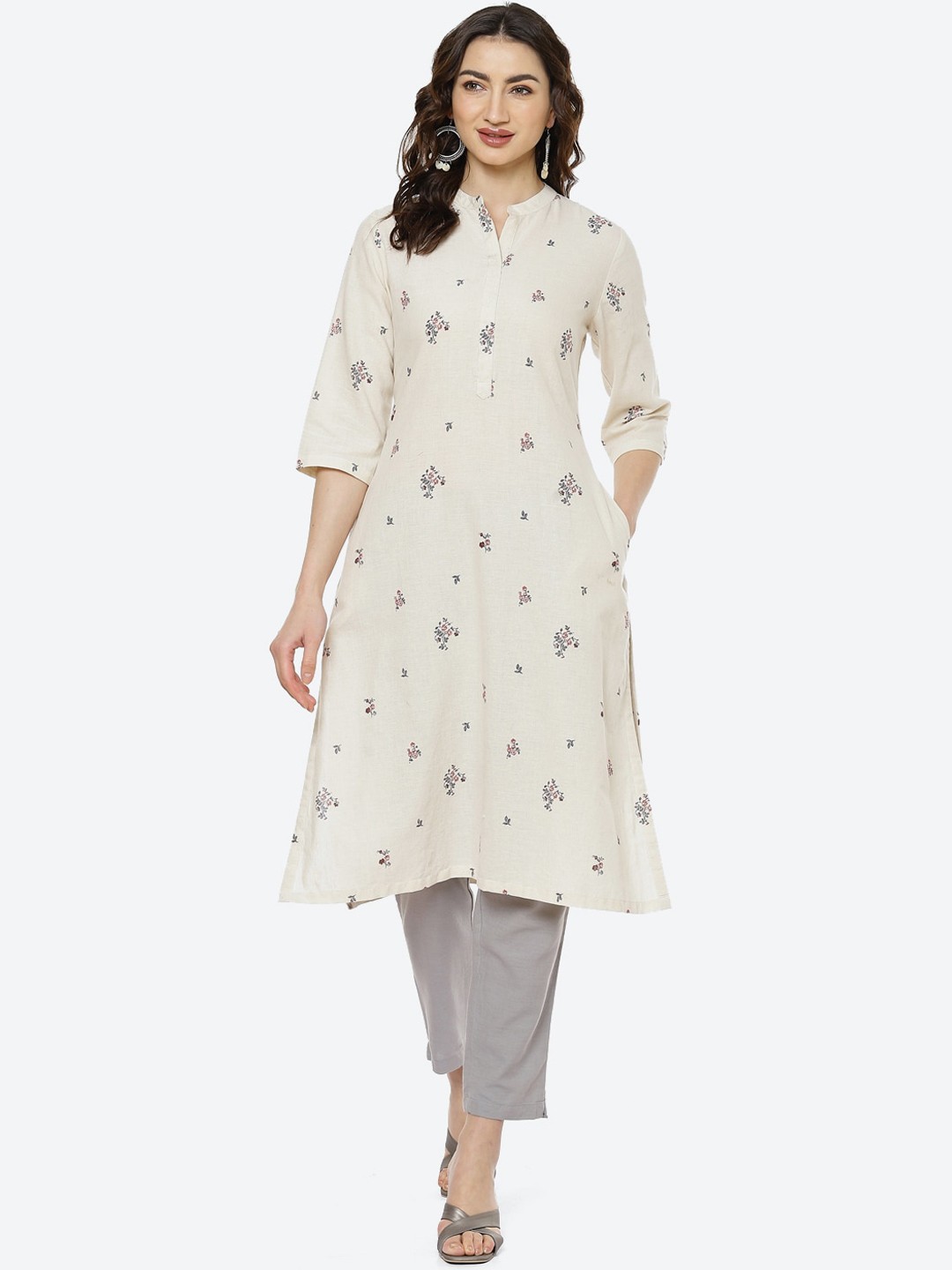 

Biba Women Off White Geometric Embroidered Mirror Work Kurta
