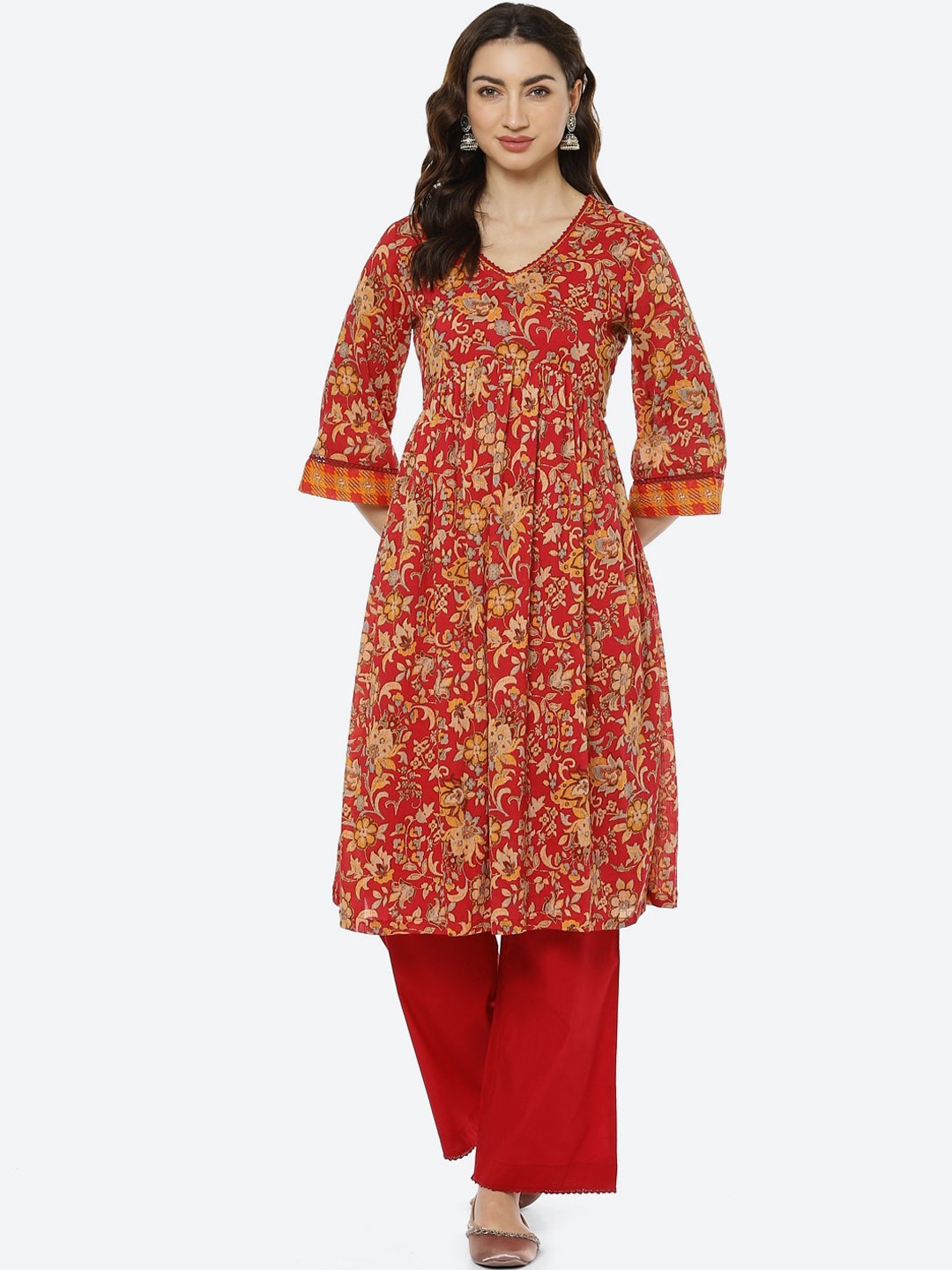 

Biba Women Red Floral Printed Pleated Pure Cotton Kurta Set