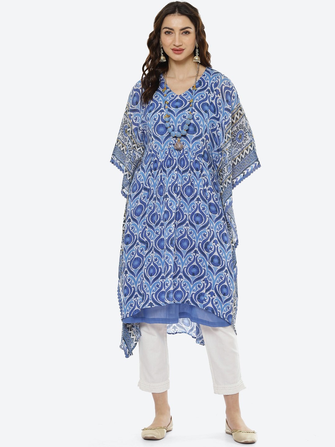 

Biba Women Blue Ethnic Motifs Printed Pure Cotton Kaftan Kurti With Trousers