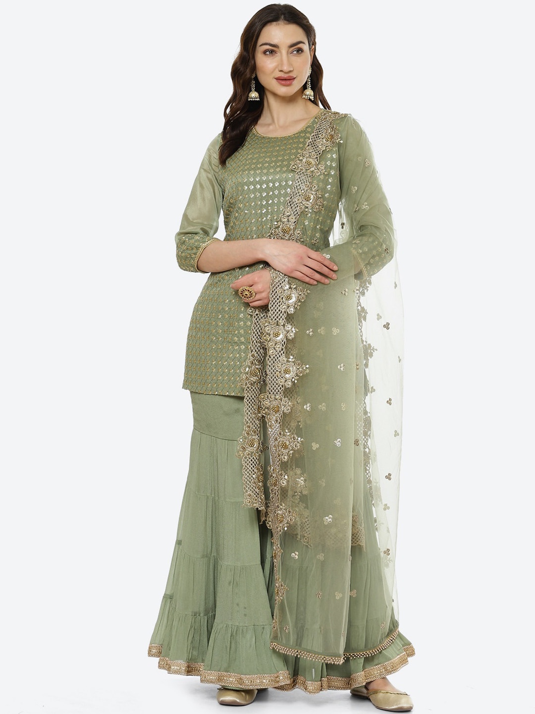 

Biba Women Green Embroidered Sequinned Kurti with Sharara & Dupatta Kurta Set