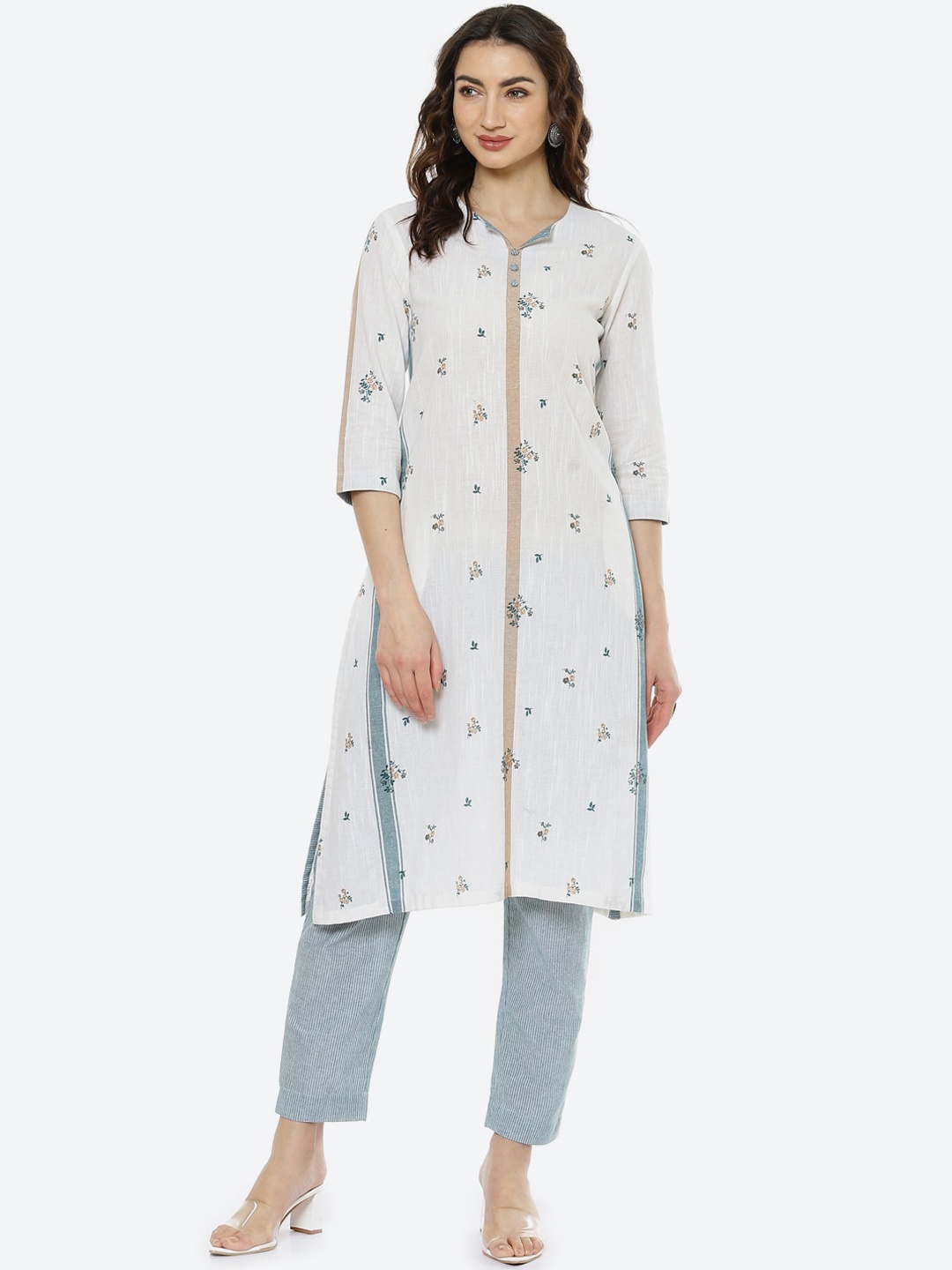 

Biba Women White & Blue Printed Pure Cotton Kurta with Trouser