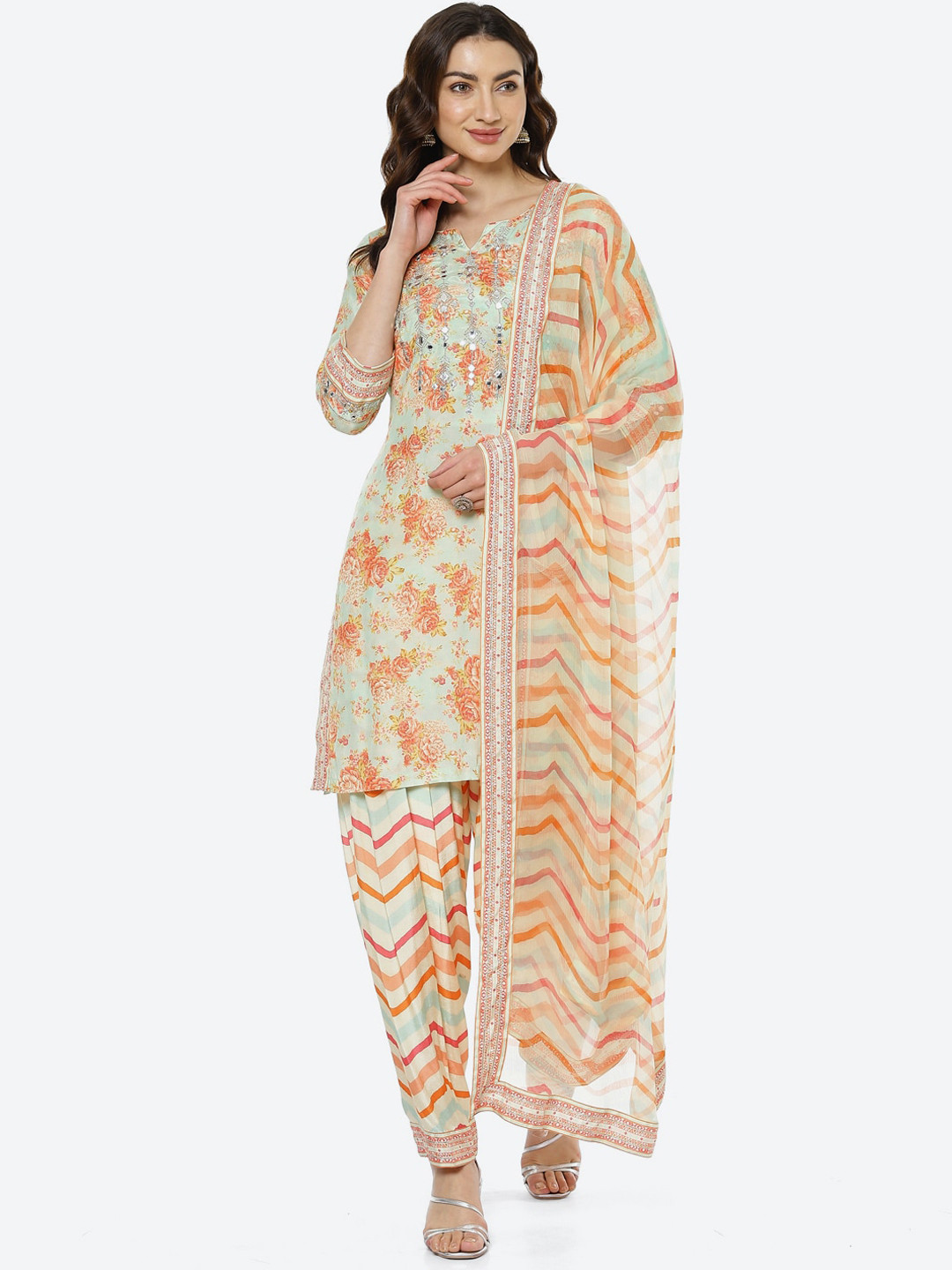 

Biba Women Sea Green Floral Printed Mirror Work Kurti with Salwar & With Dupatta