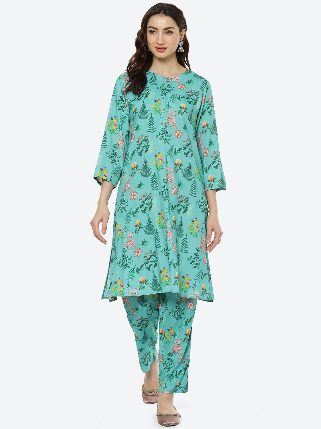 

Biba Women Sea Green Floral Printed Kurta with Trousers