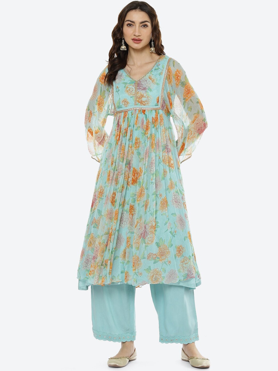 

Biba Women Sea Green Floral Printed Empire Kurti With Palazzos