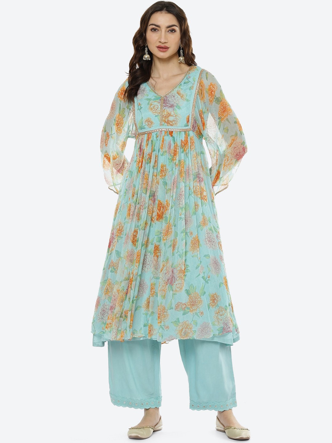 

Biba Women Sea Green Floral Printed Pleated Kurta Set