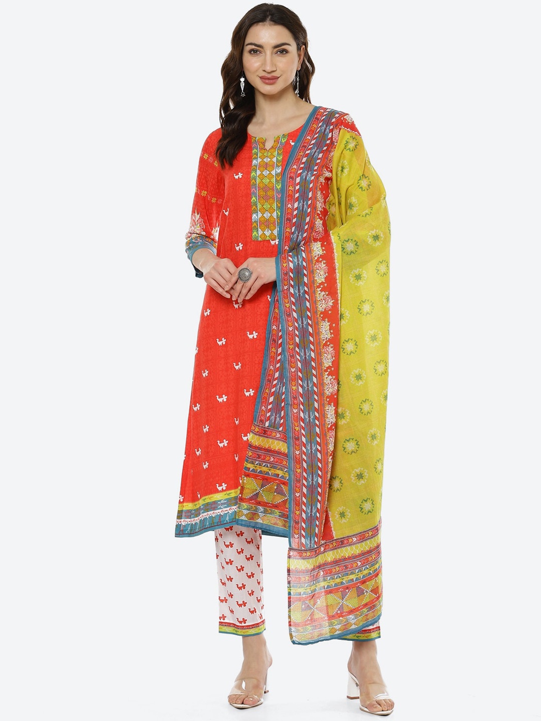 

Biba Women Red Ethnic Motifs Printed Kurti with Trousers & With Dupatta Kurta Set