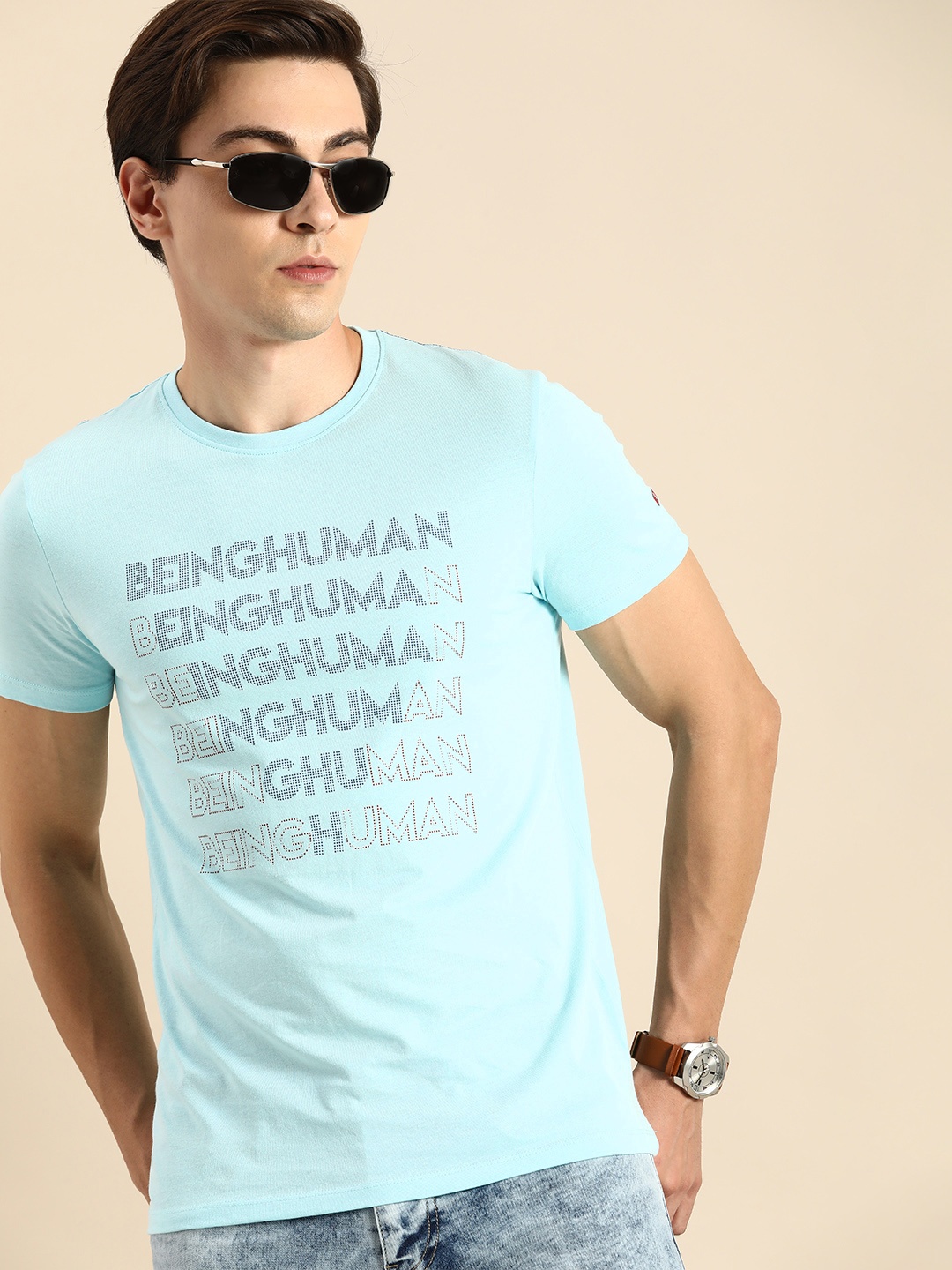 

Being Human Clothing Men Blue Typography Printed Slim Fit Pure Cotton Casual T-shirt