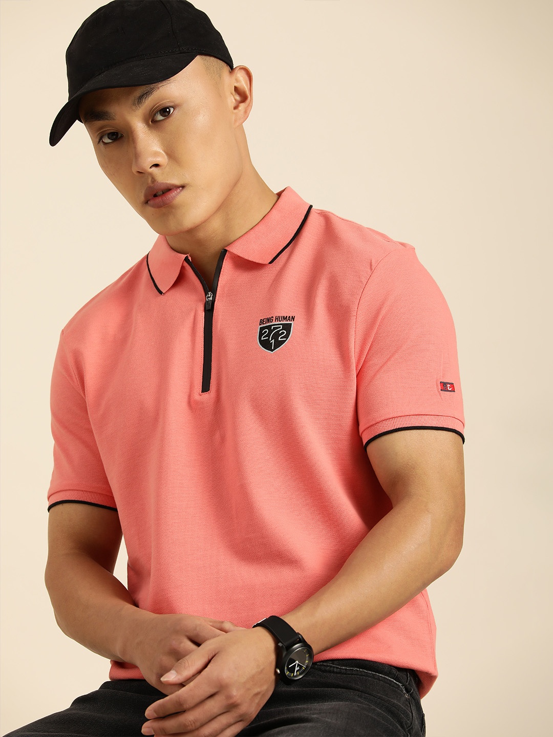 

Being Human Men Coral Pink Polo Collar T-shirt