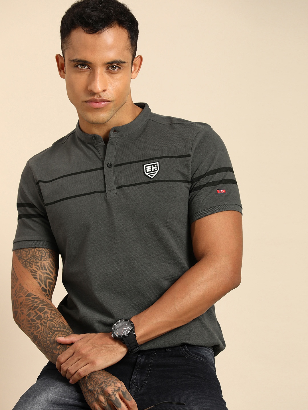 

Being Human Men Charcoal Grey Mandarin Collar Pure Cotton Applique T-shirt