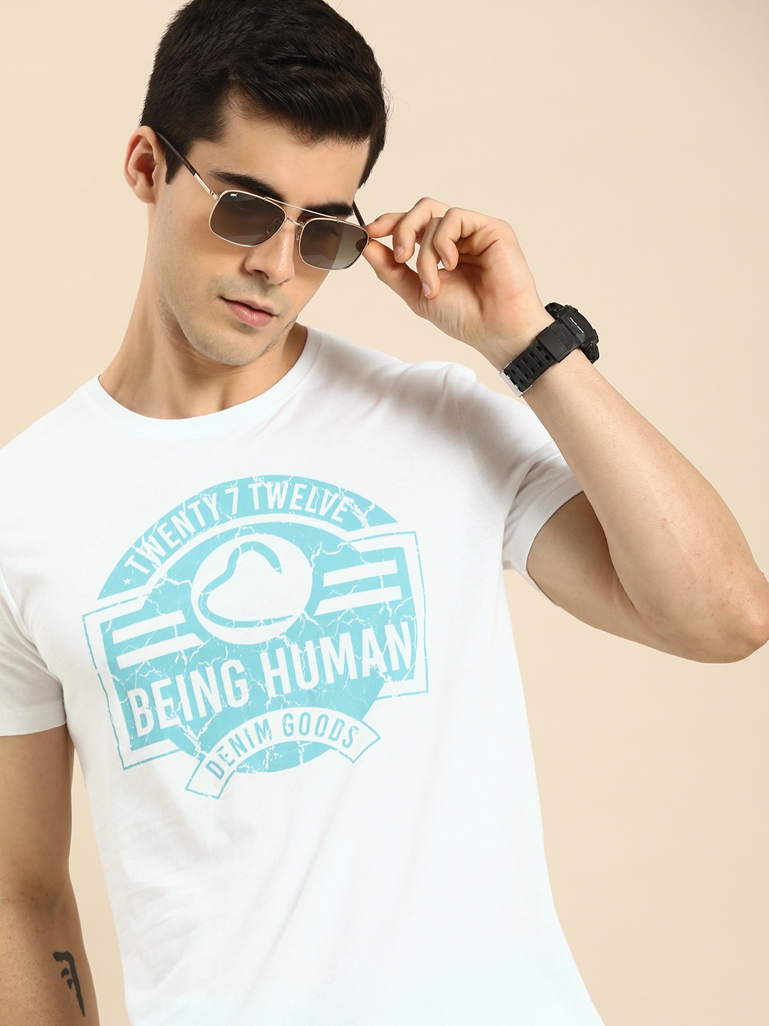 

Being Human Men White & Blue Brand Logo Printed Pure Cotton T-shirt