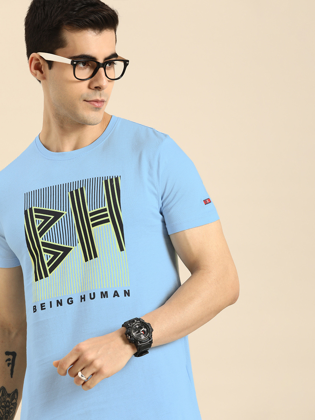 

Being Human Men Blue & Black Typography Printed Pure Cotton T-shirt