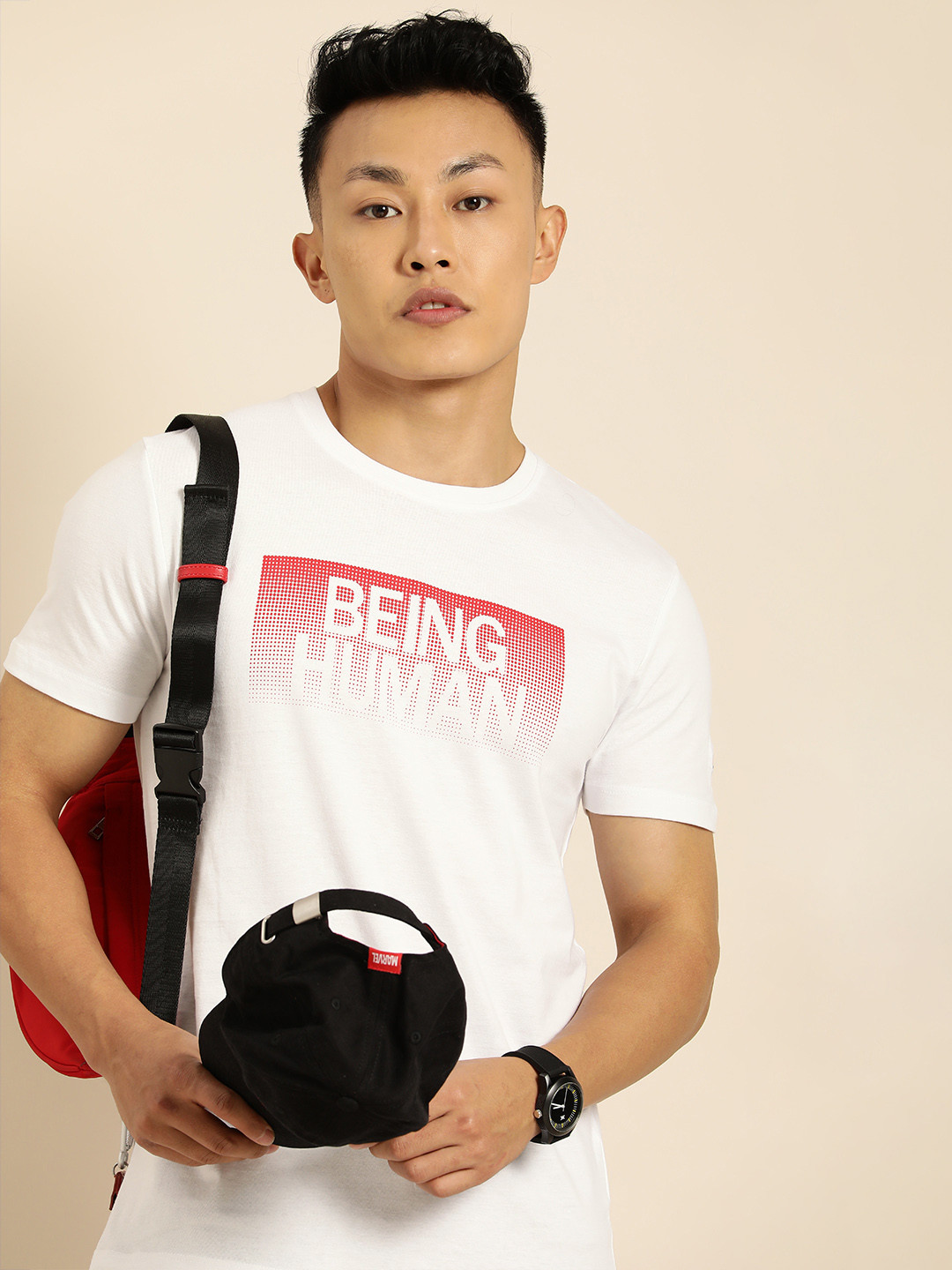 

Being Human Men White & Red Brand Logo Printed Pure Cotton T-shirt