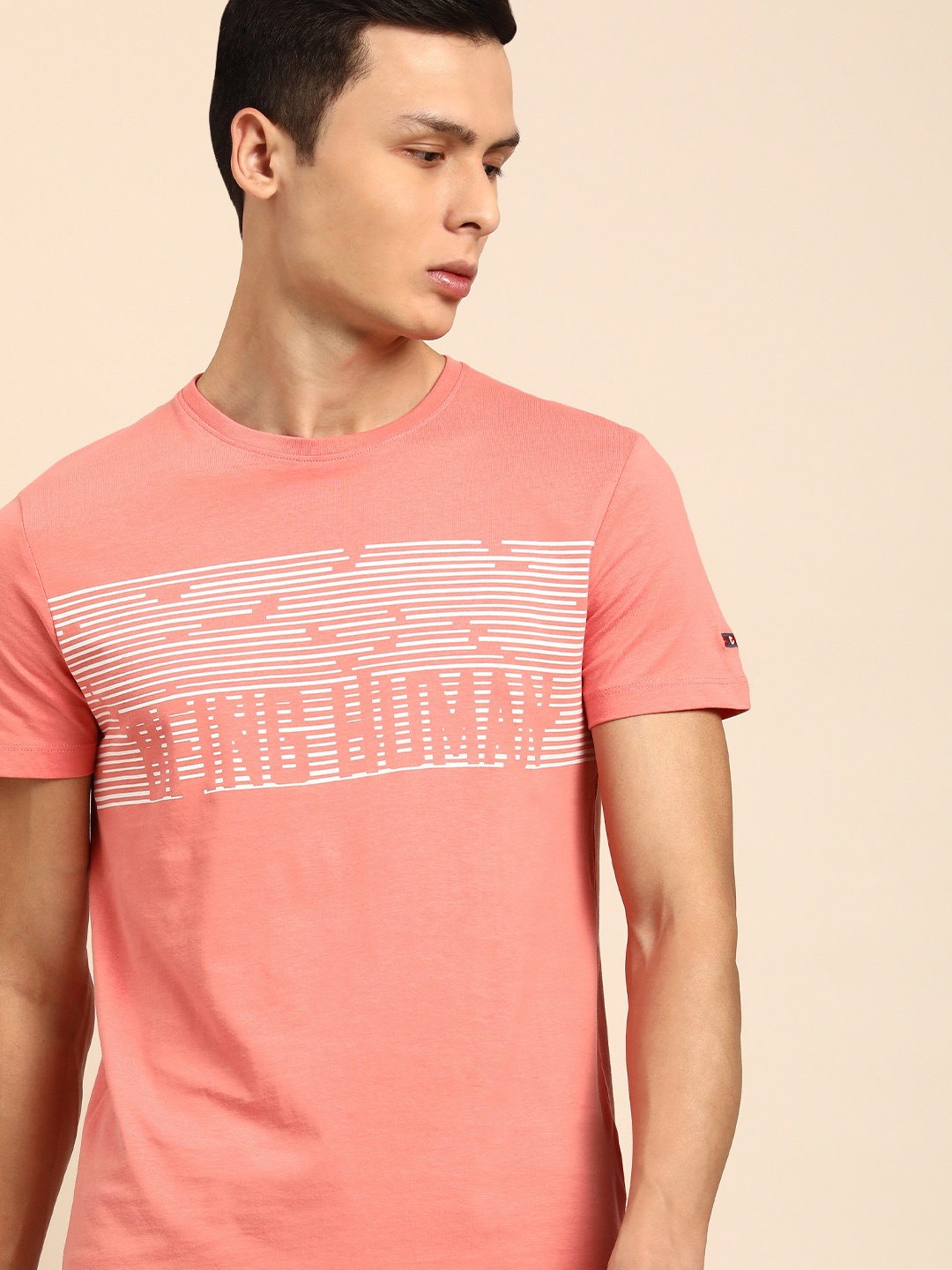 

Being Human Men Coral Pink Brand Logo Printed Pure Cotton T-shirt