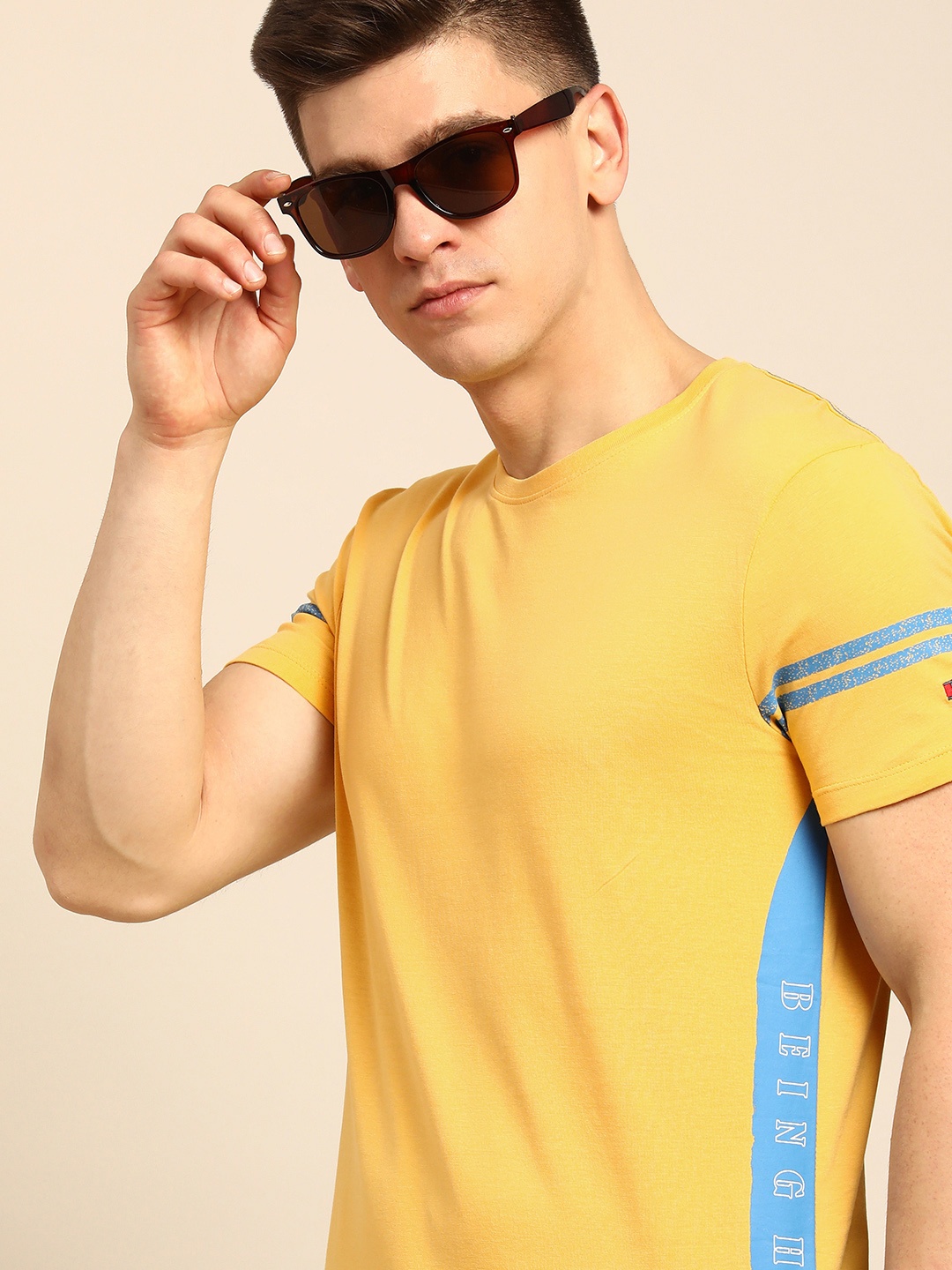 

Being Human Men Yellow Side Striped Pure Cotton T-shirt