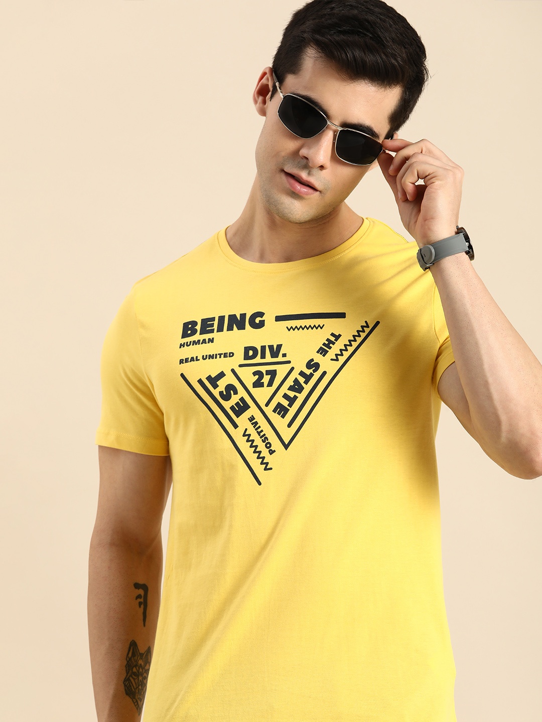 

Being Human Clothing Men Yellow & Black Typography Printed Pure Cotton T-shirt