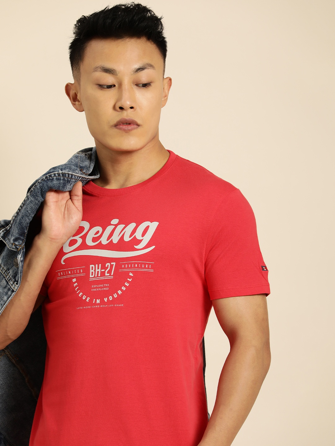 

Being Human Clothing Men Red & Grey Typography Printed Pure Cotton T-shirt