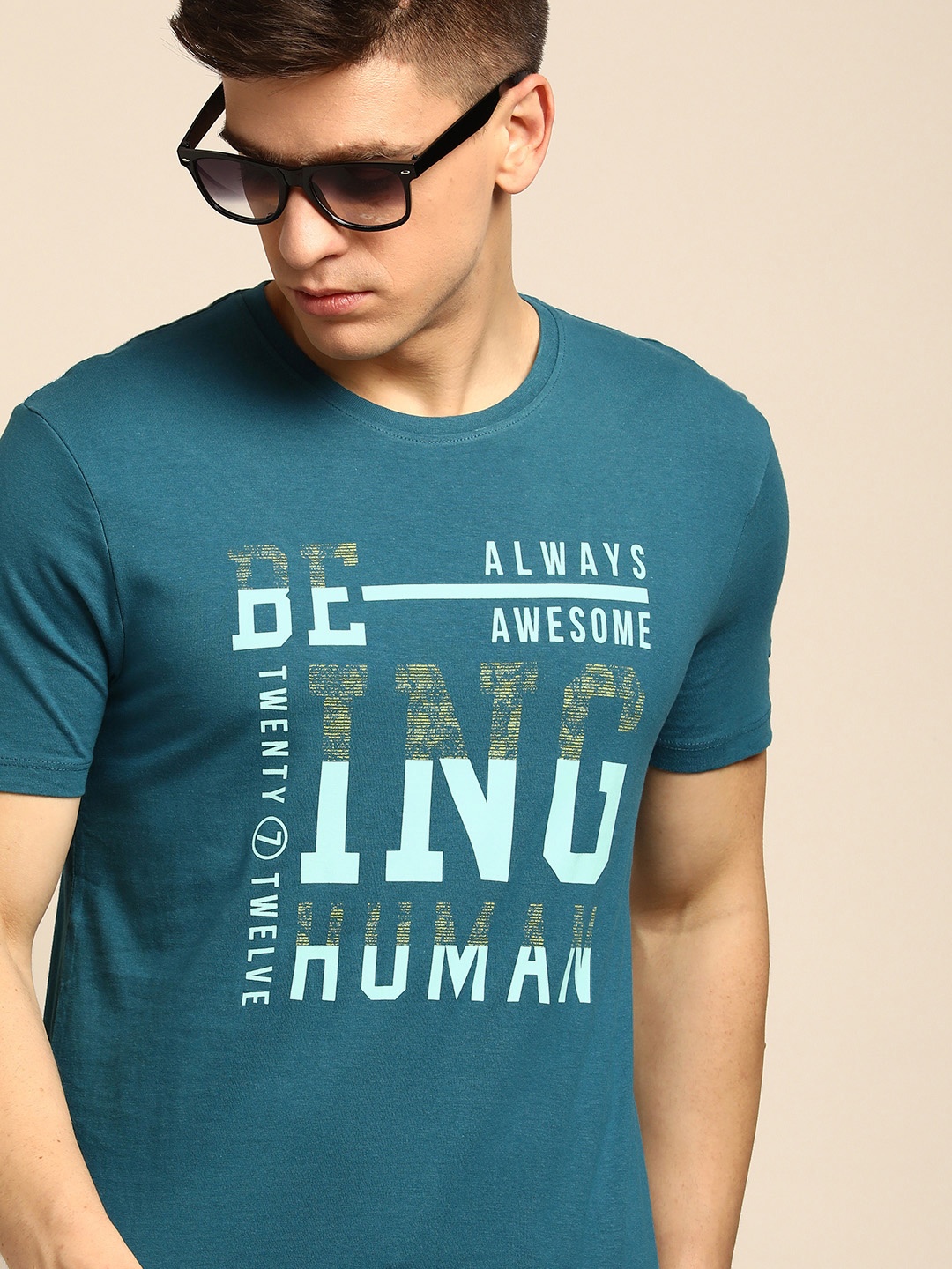 

Being Human Men Teal Blue Brand Logo Printed Pure Cotton T-shirt
