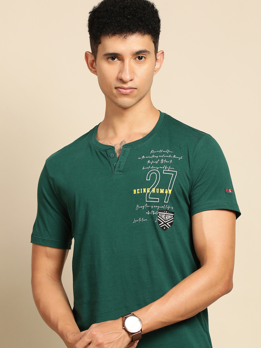 

Being Human Men Green Typography Printed Henley Neck Pure Cotton T-shirt