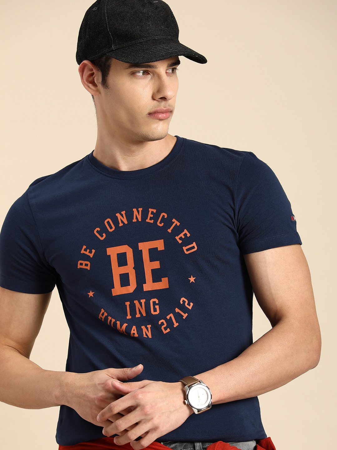 

Being Human Men Brand Logo Printed Pure Cotton T-shirt, Navy blue