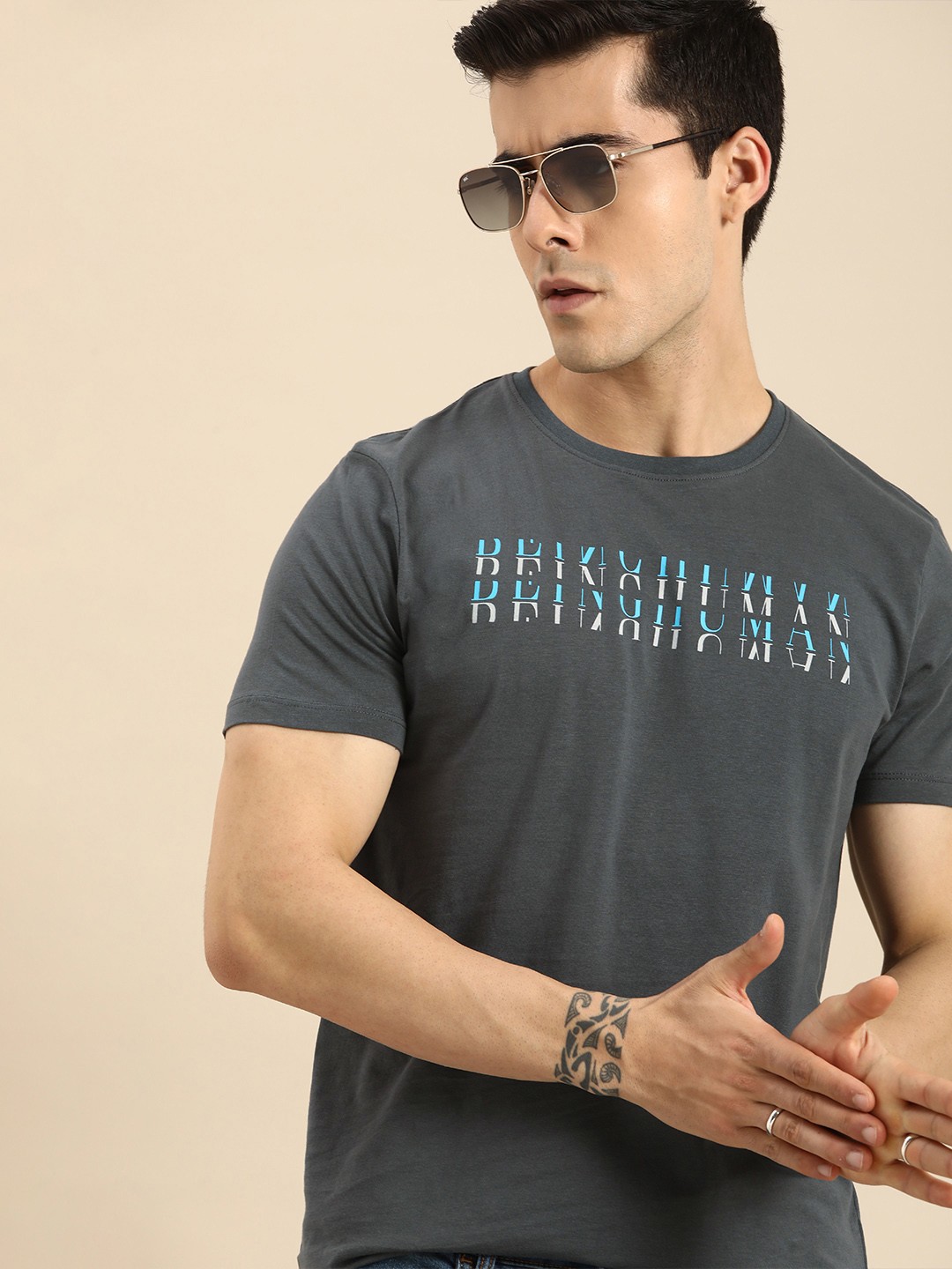 

Being Human Men Grey & Blue Typography Pure Cotton T-shirt