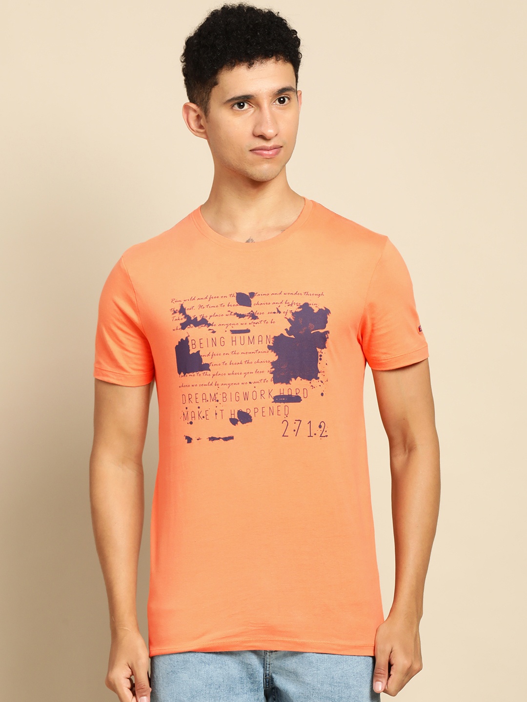 Being Human Men Orange Typography Printed Pure Cotton T-shirt