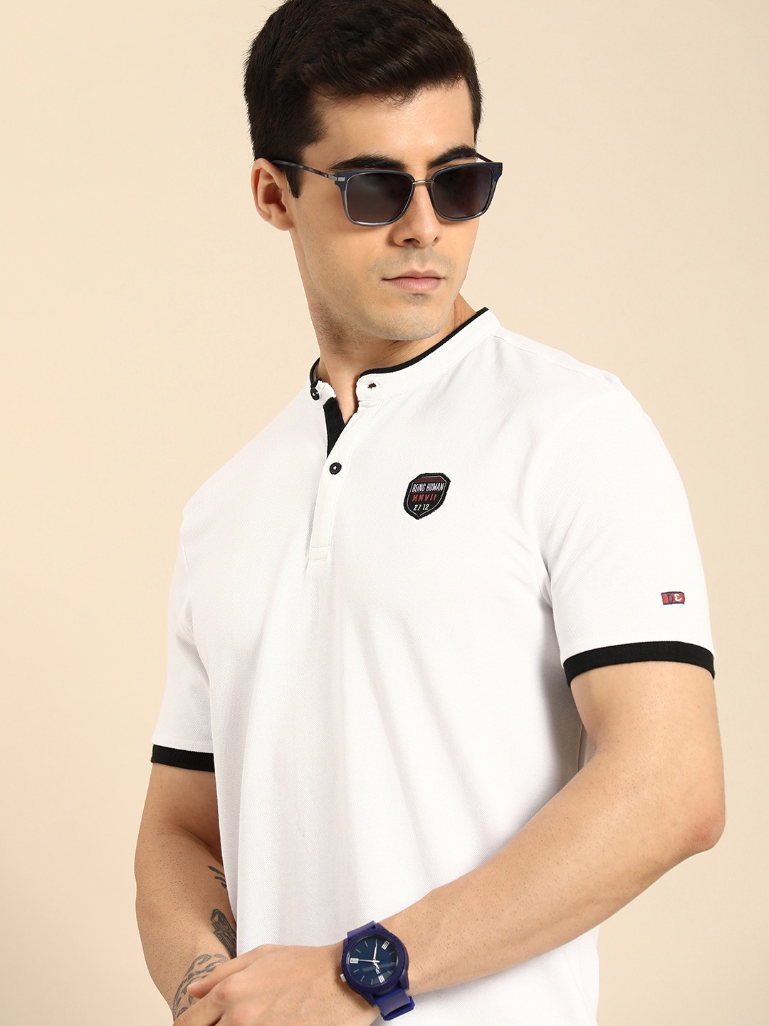

Being Human Men White Solid Polo Collar Pure Cotton T-shirt