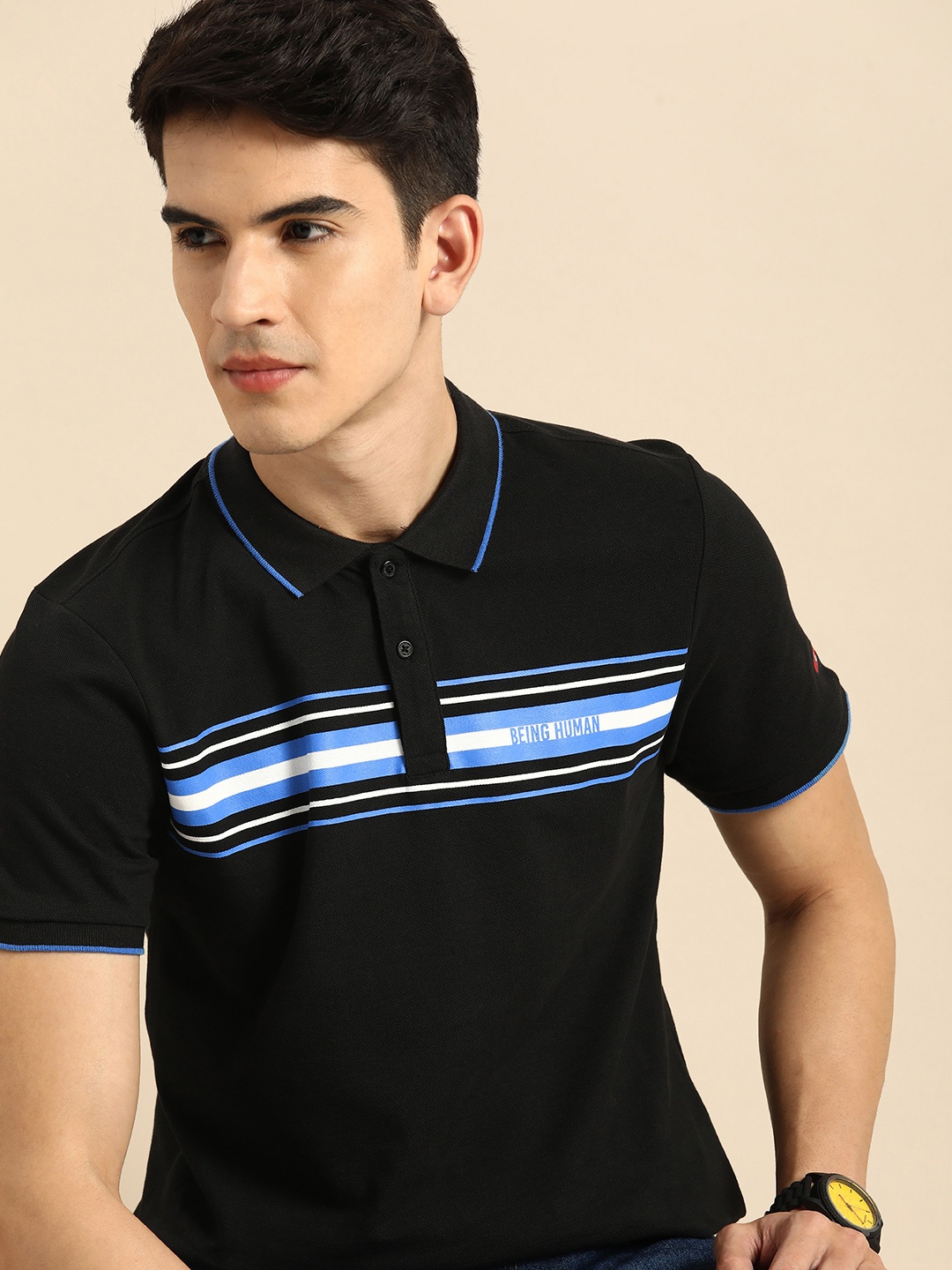 

Being Human Men Black Striped Polo Collar Pure Cotton T-shirt