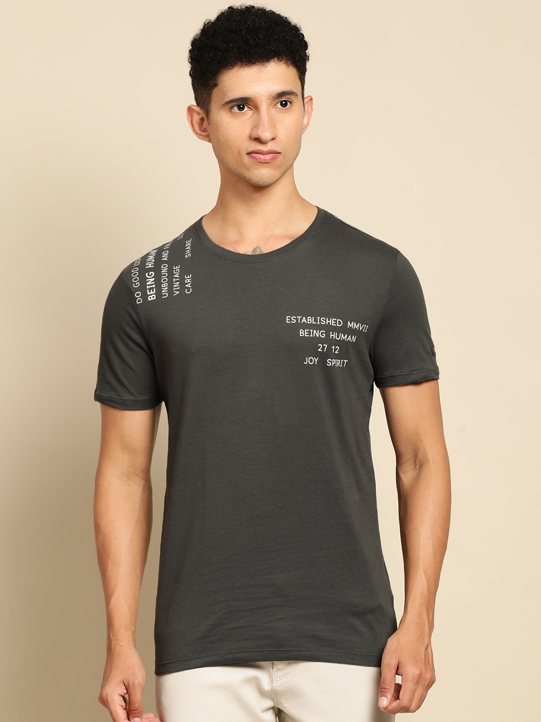 

Being Human Men Charcoal Typography Printed Pure Cotton T-shirt