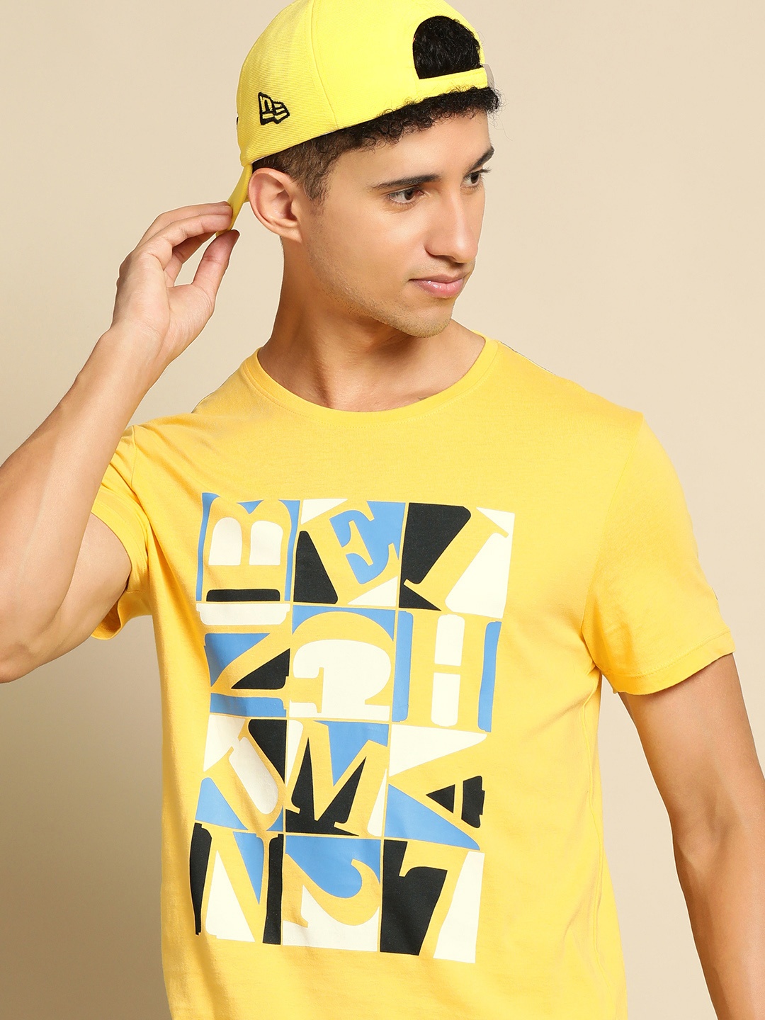 

Being Human Men Yellow & Blue Typography Printed Pure Cotton T-shirt