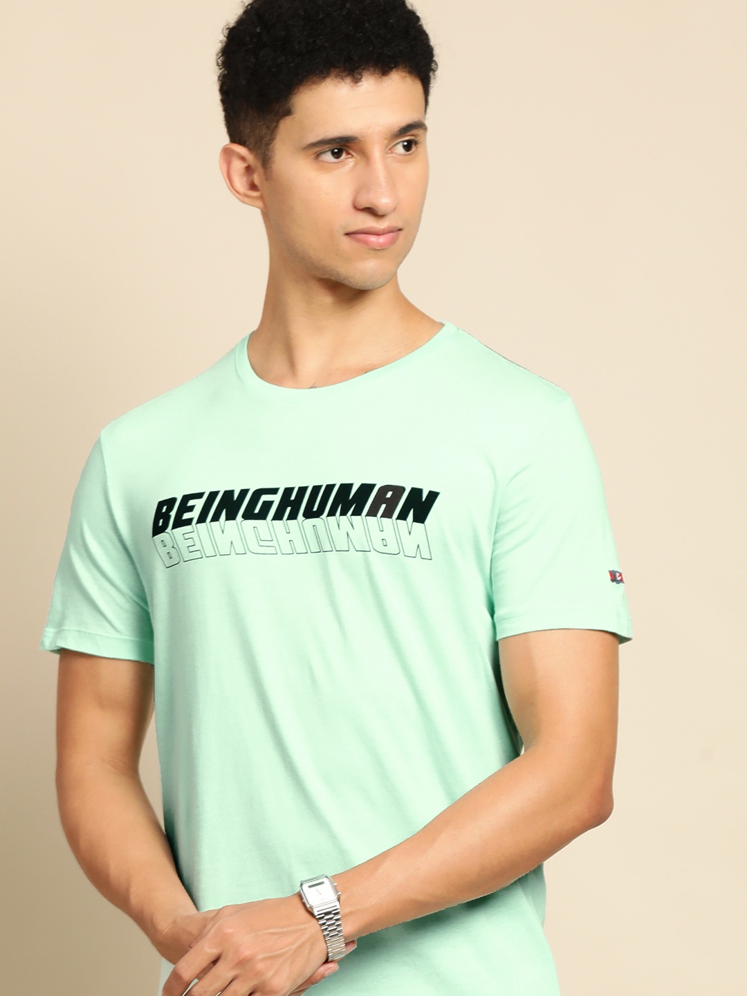 

Being Human Men Lime Green Brand Logo Printed Pure Cotton T-shirt