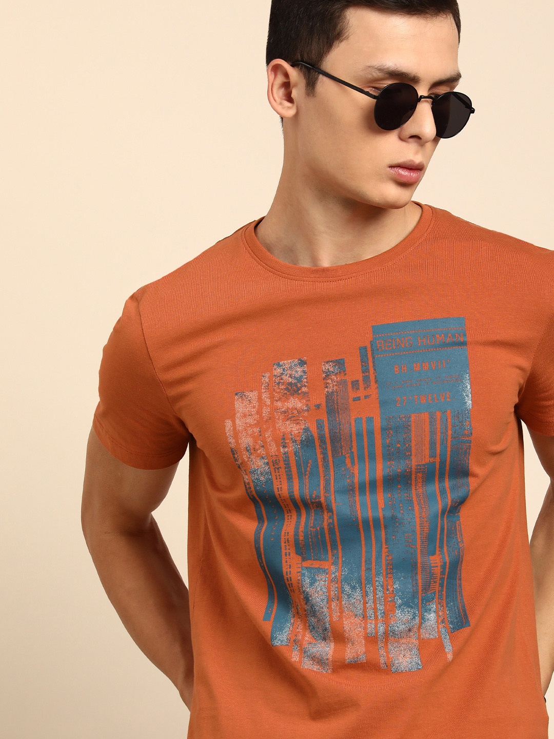 

Being Human Men Rust Orange Printed Pure Cotton T-shirt