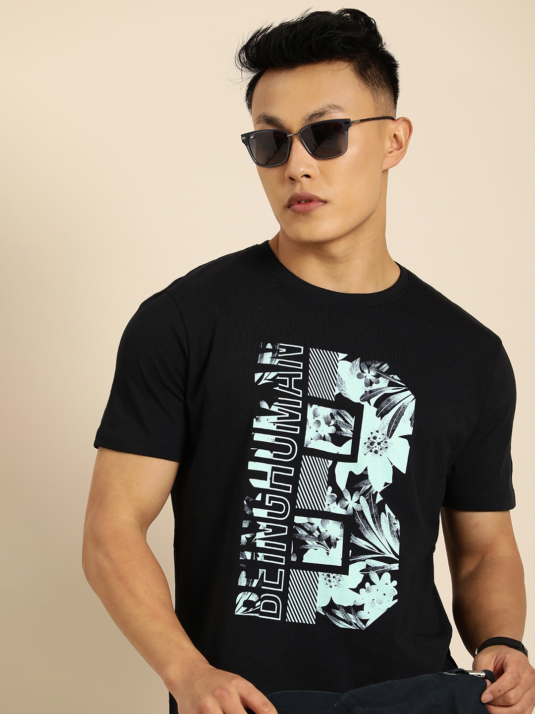 

Being Human Men Black & Blue Brand Logo Printed Pure Cotton T-shirt
