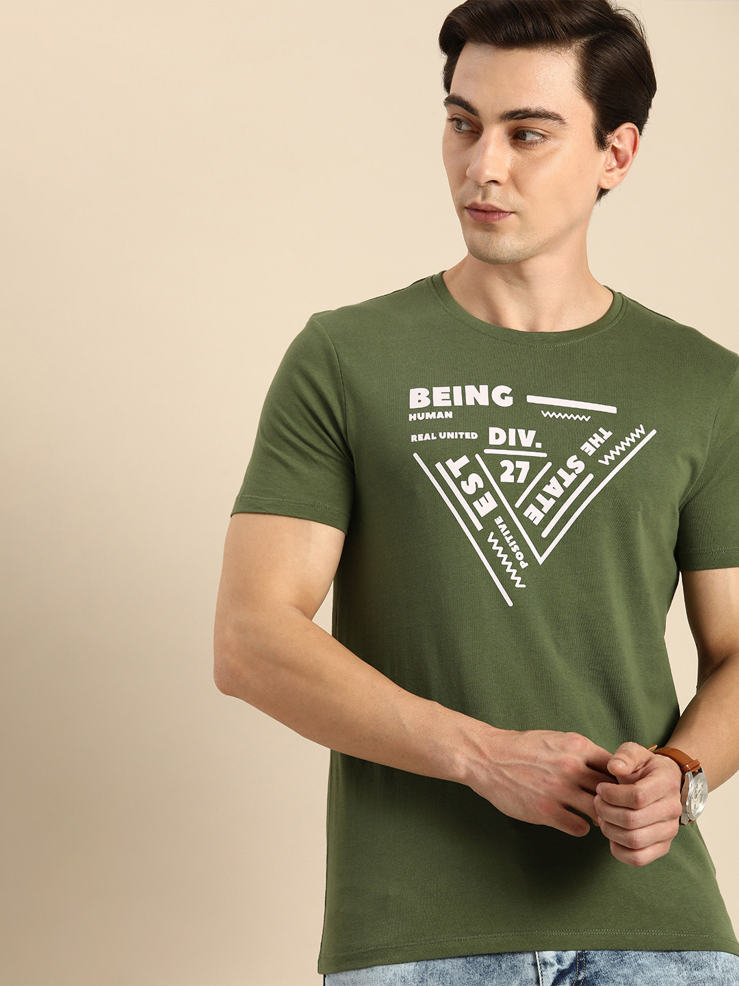 

Being Human Clothing Men Olive Green Typography Printed Pure Cotton Casual T-shirt