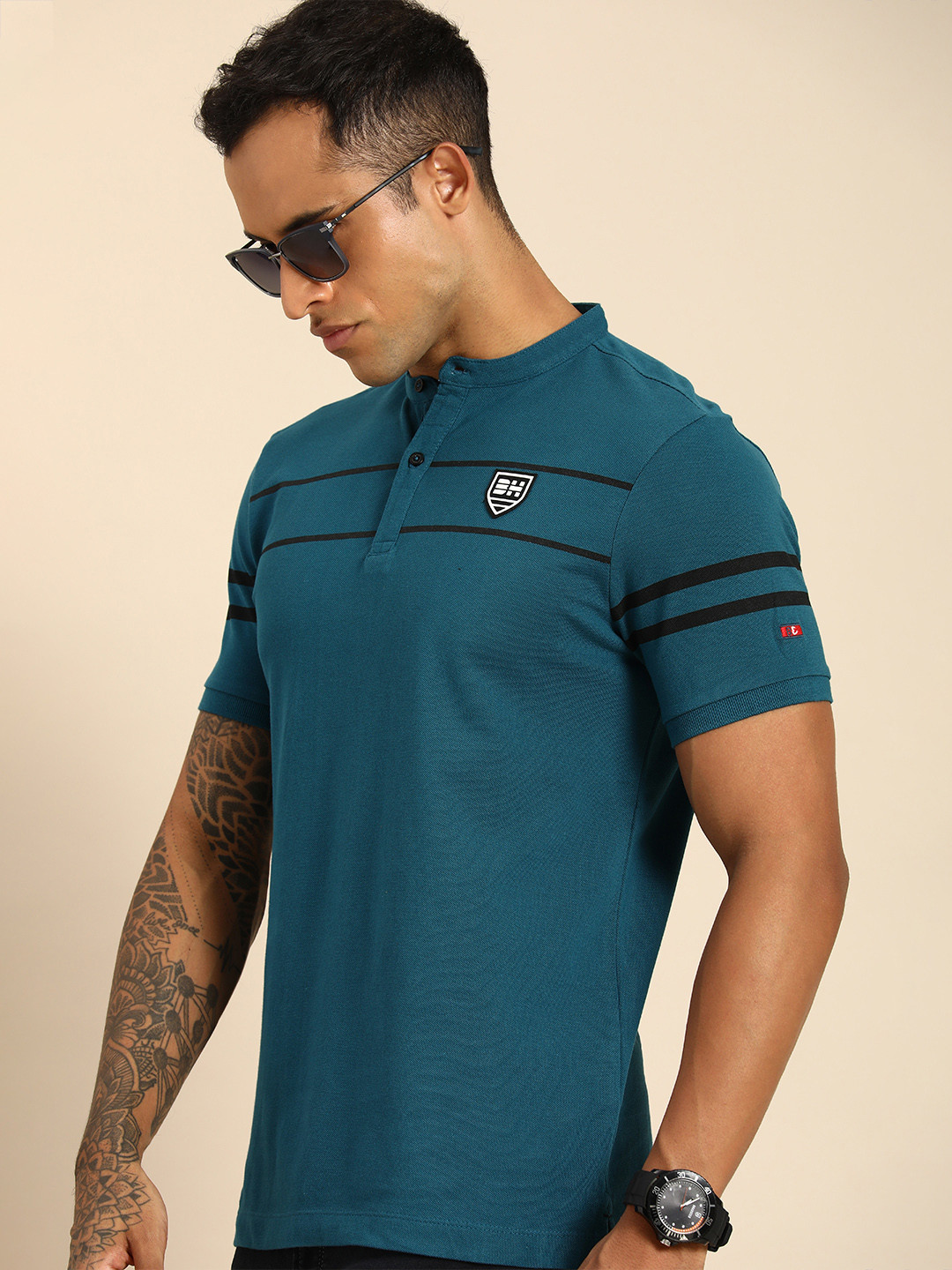 

Being Human Men Teal Blue Striped Mandarin Collar Pure Cotton T-shirt