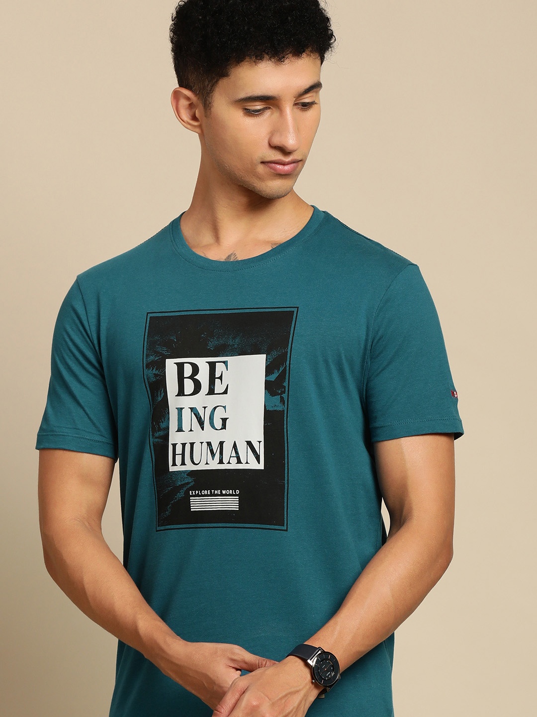 Being Human Men Blue Brand Logo Printed Pure Cotton T-shirt