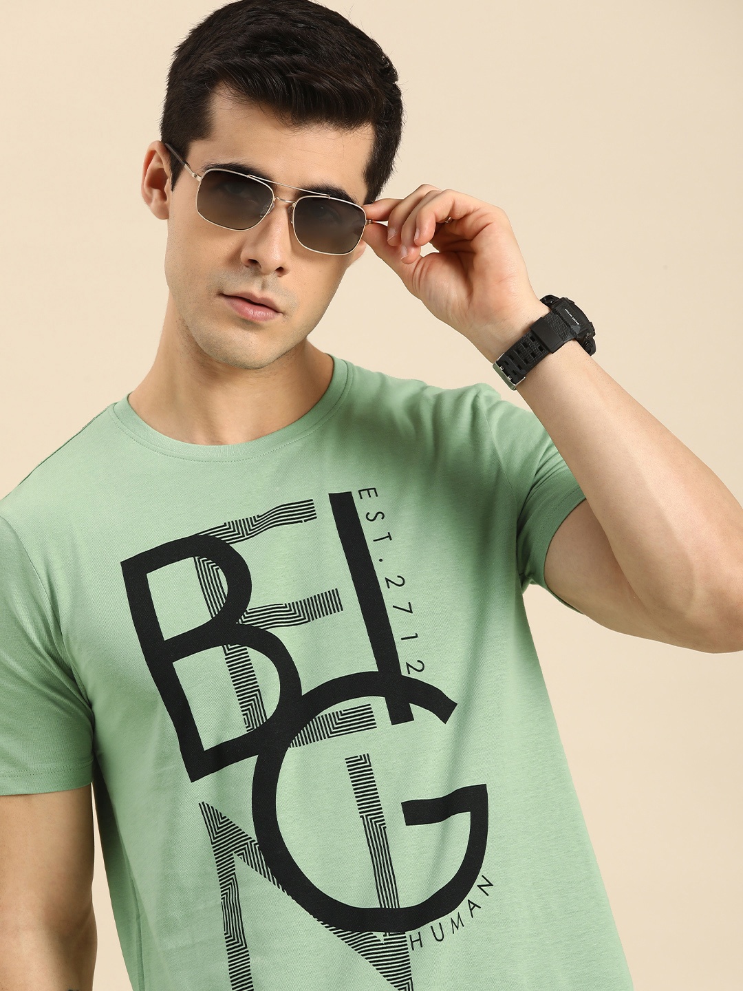 

Being Human Men Green & Black Brand Logo Printed Pure Cotton T-shirt