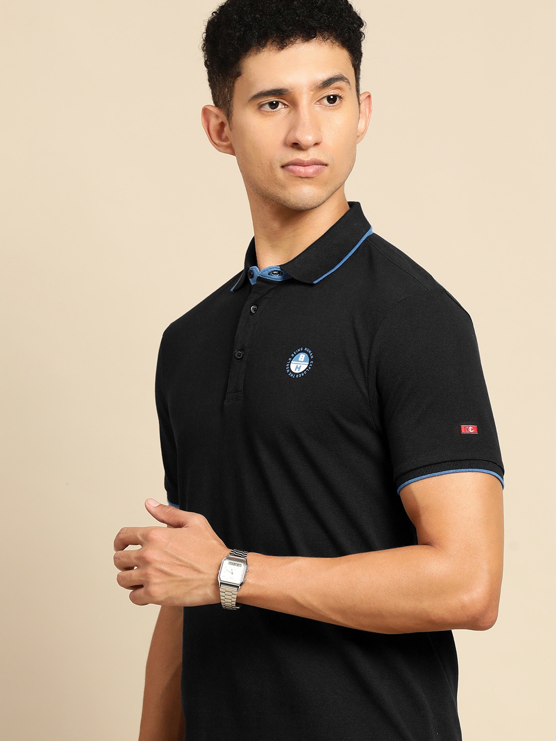 

Being Human Men Black Polo Collar Pure Cotton T-shirt