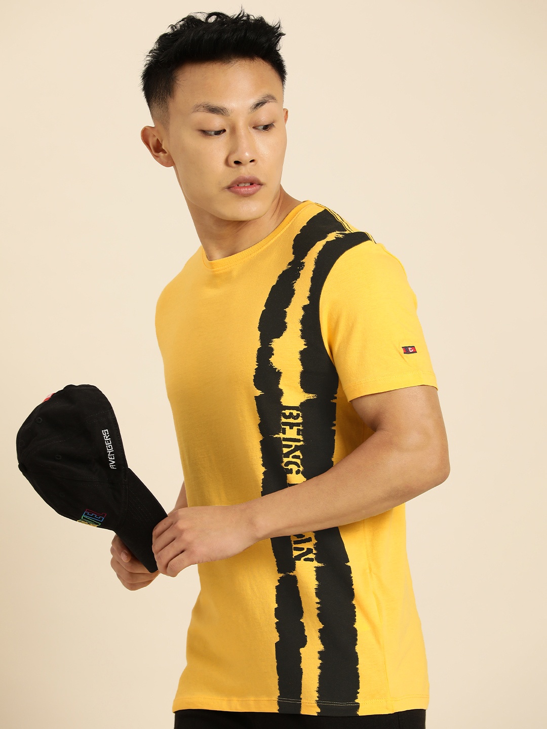 

Being Human Men Yellow & Black Brand Logo Printed Pure Cotton T-shirt