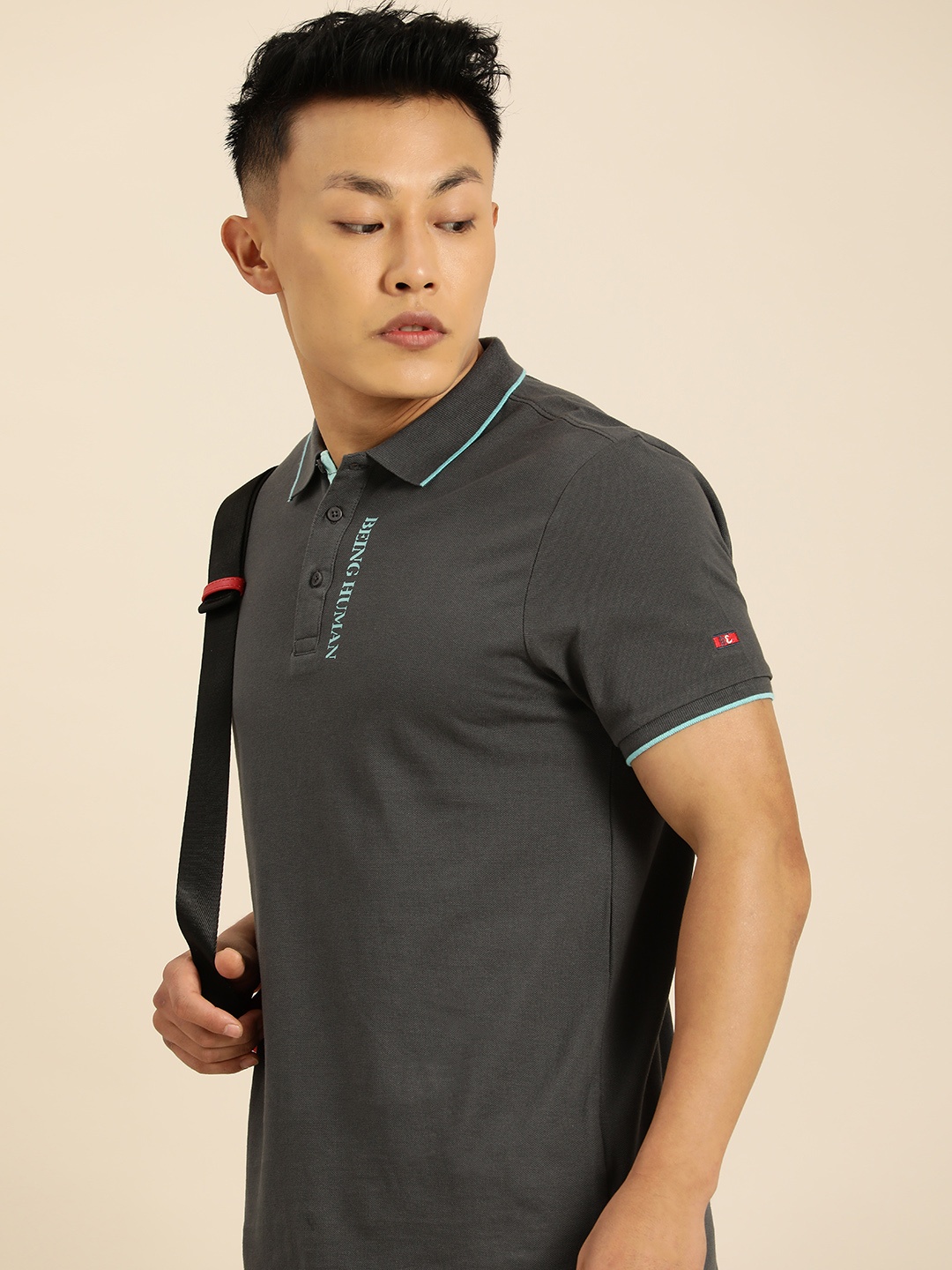 

Being Human Men Charcoal Grey Solid Polo Collar T-shirt