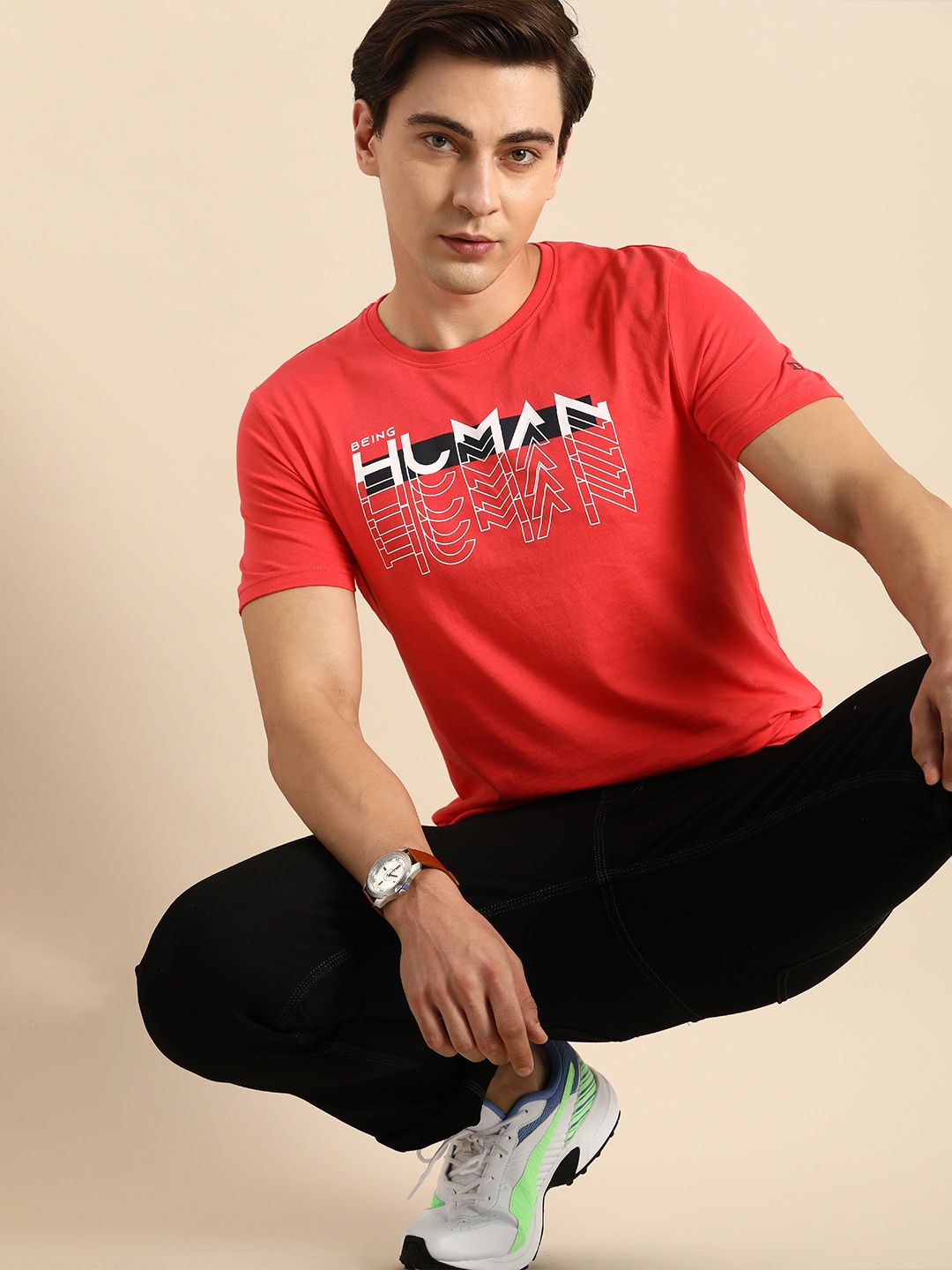 

Being Human Men Coral Pink Typography Printed Pure Cotton T-shirt