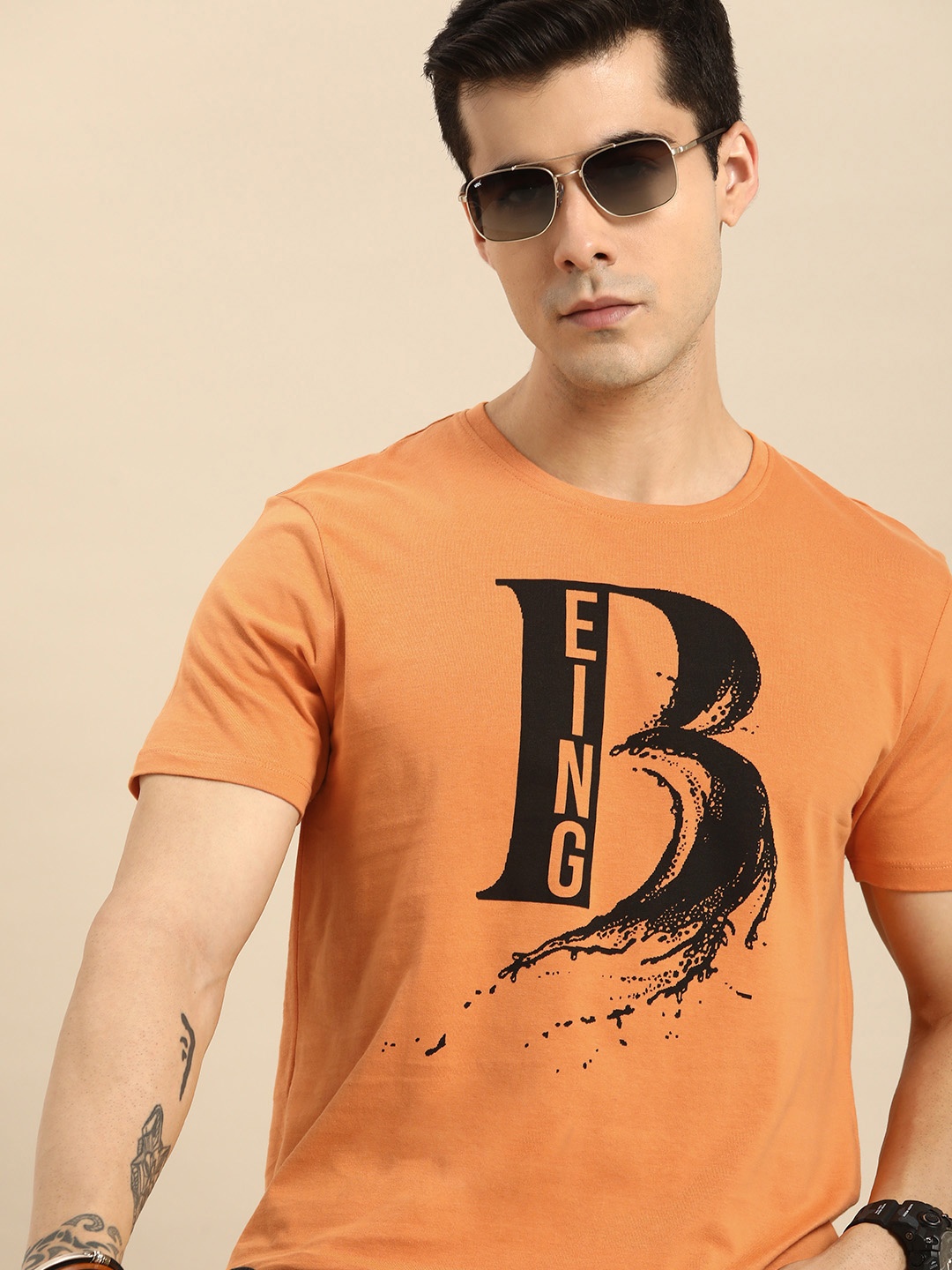 

Being Human Men Rust & Black Brand Logo Printed Pure Cotton T-shirt