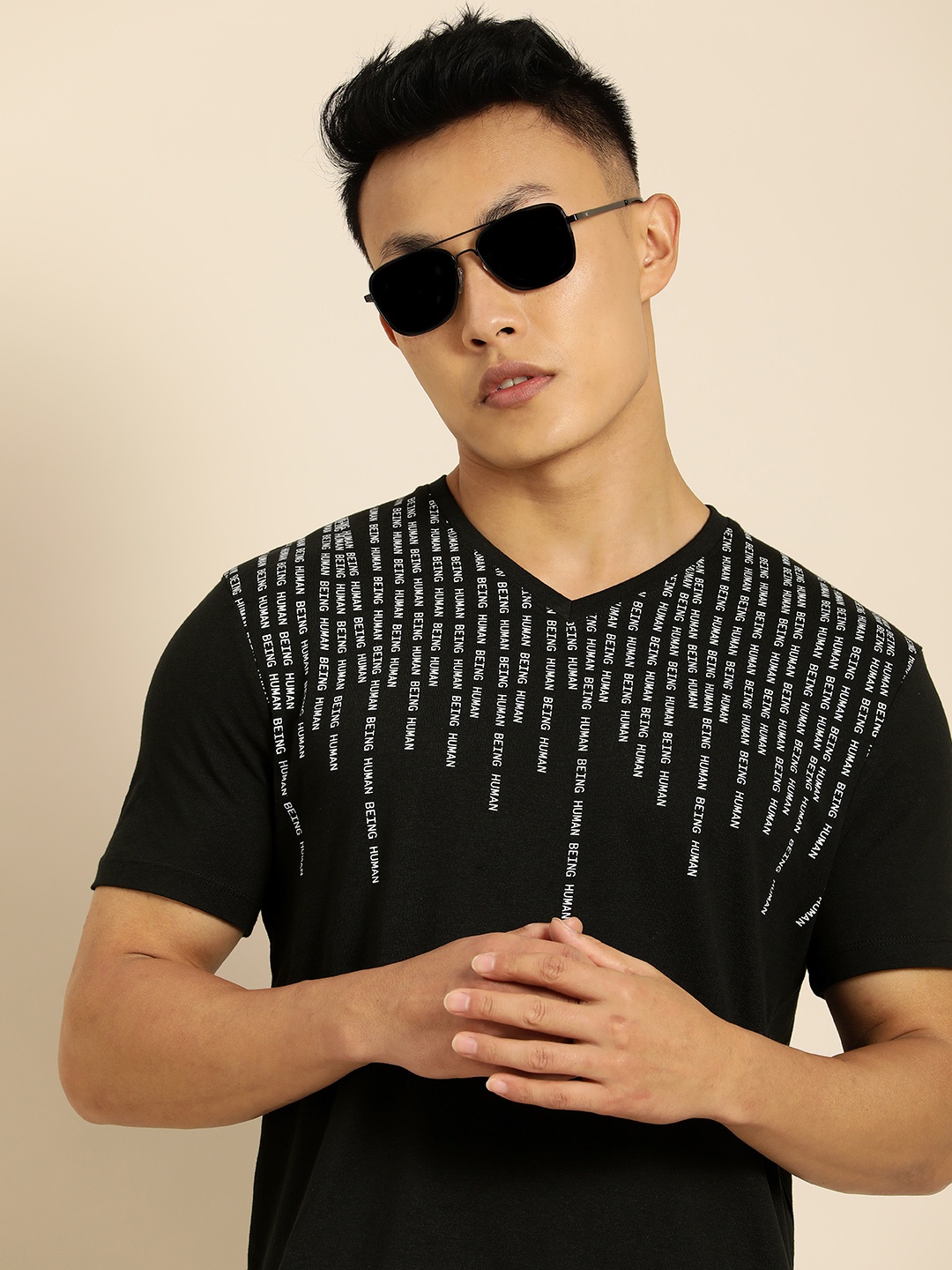 

Being Human Men Black & White Placement Printed Pure Cotton Casual T-shirt