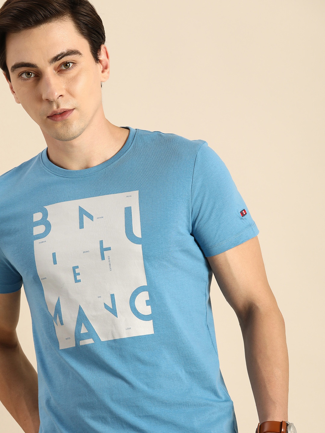 

Being Human Clothing Men Blue Typography Printed Pure Cotton Casual T-shirt