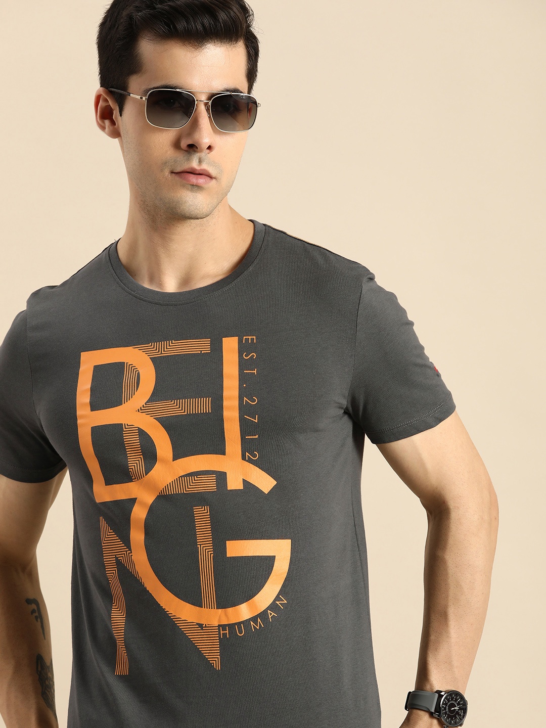 

Being Human Clothing Men Grey Typography Printed Slim Fit Pure Cotton Casual T-shirt