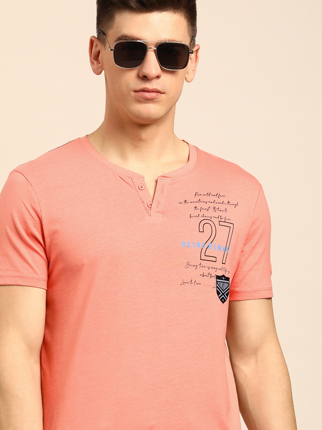 

Being Human Men Coral Typography Printed Henley Neck Pure Cotton T-shirt